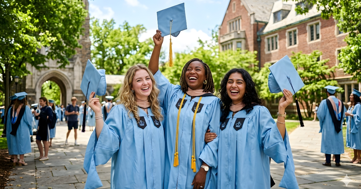Woman wearing a 2026 light blue graduation gown with cap and tassel during college graduation ceremony
