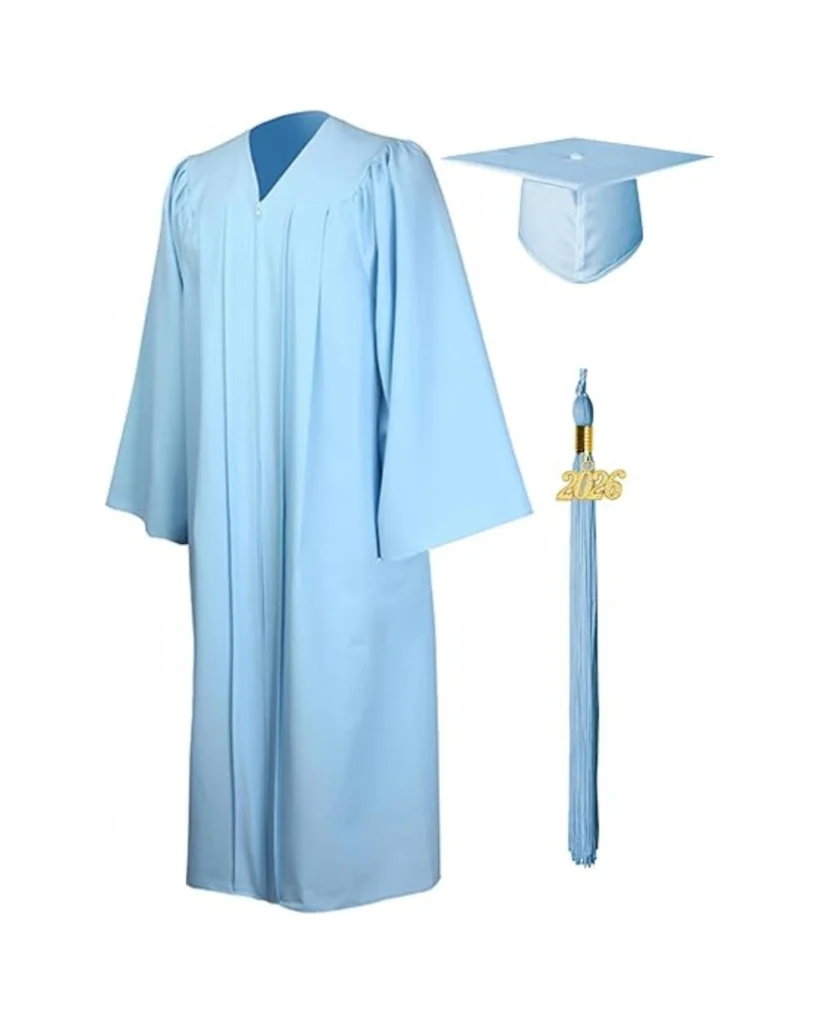 Matte light blue graduation cap and gown set for women in 2026 graduation ceremony