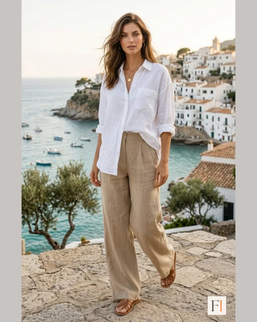 Oversized linen shirt styled with wide-leg trousers breathable spring outfit idea for women