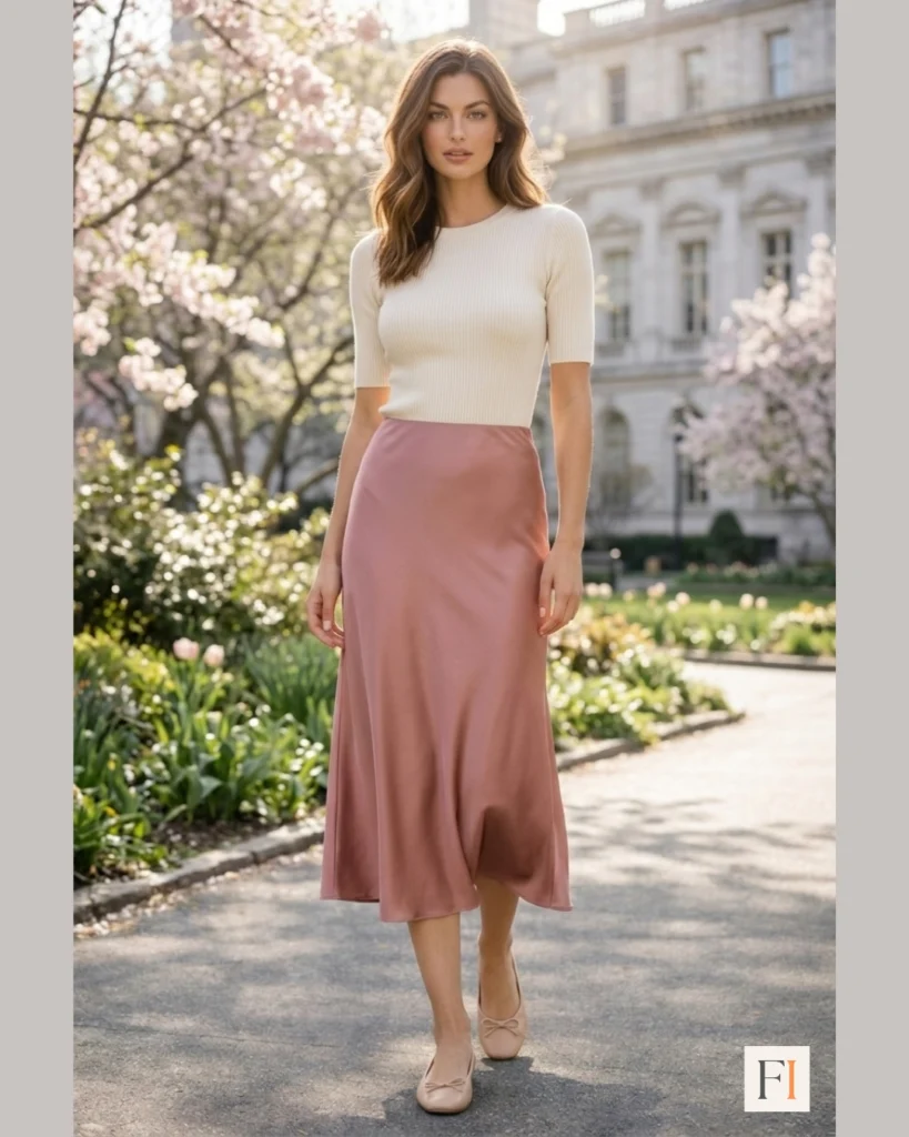 Flowing midi skirt paired with fitted knit top elegant spring outfit for women