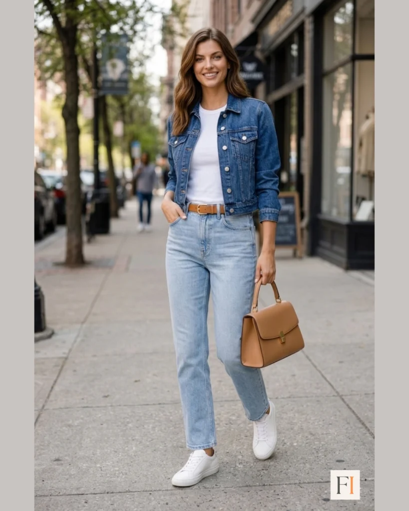 Light wash jeans with denim jacket styled as modern denim-on-denim spring outfit for women 2026