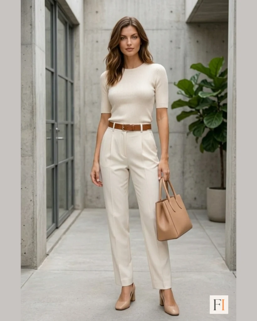 Cream knit top and ivory trousers styled as monochrome neutral spring outfit for women