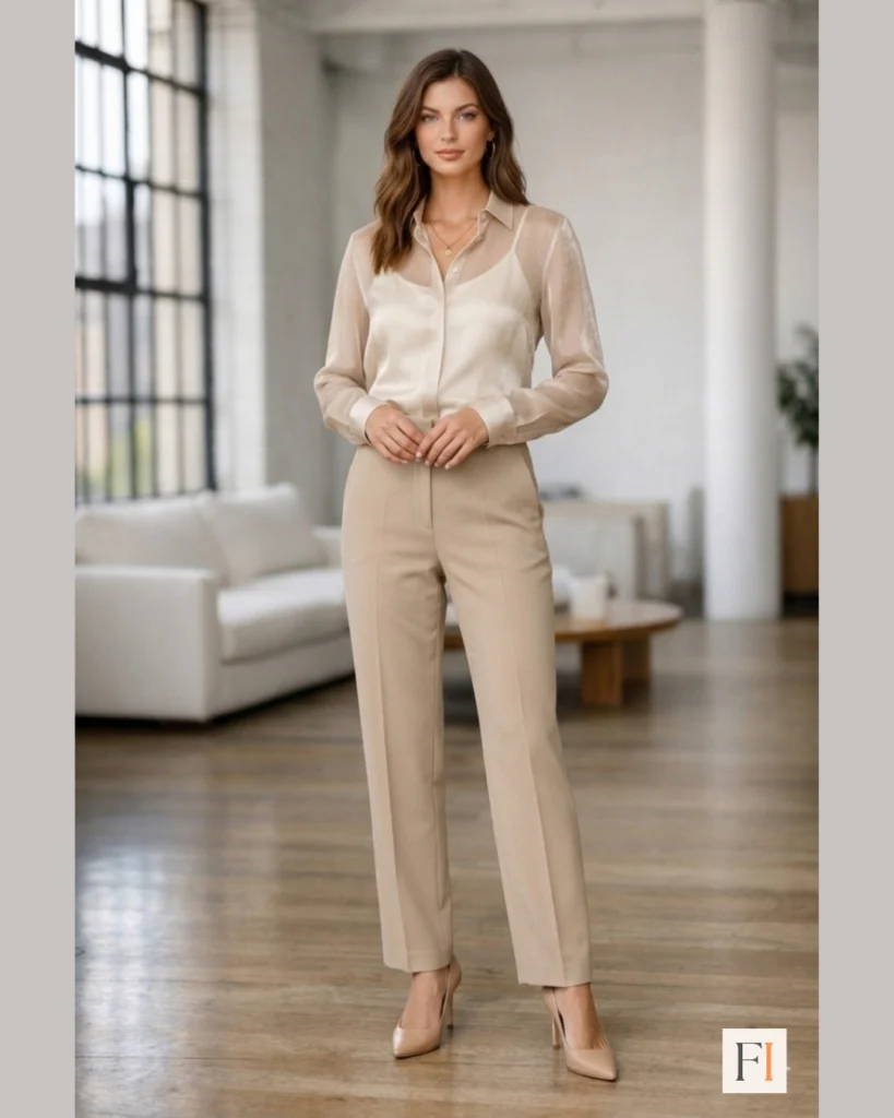 Sheer blouse layered over camisole styled with trousers elegant spring fashion outfit for women