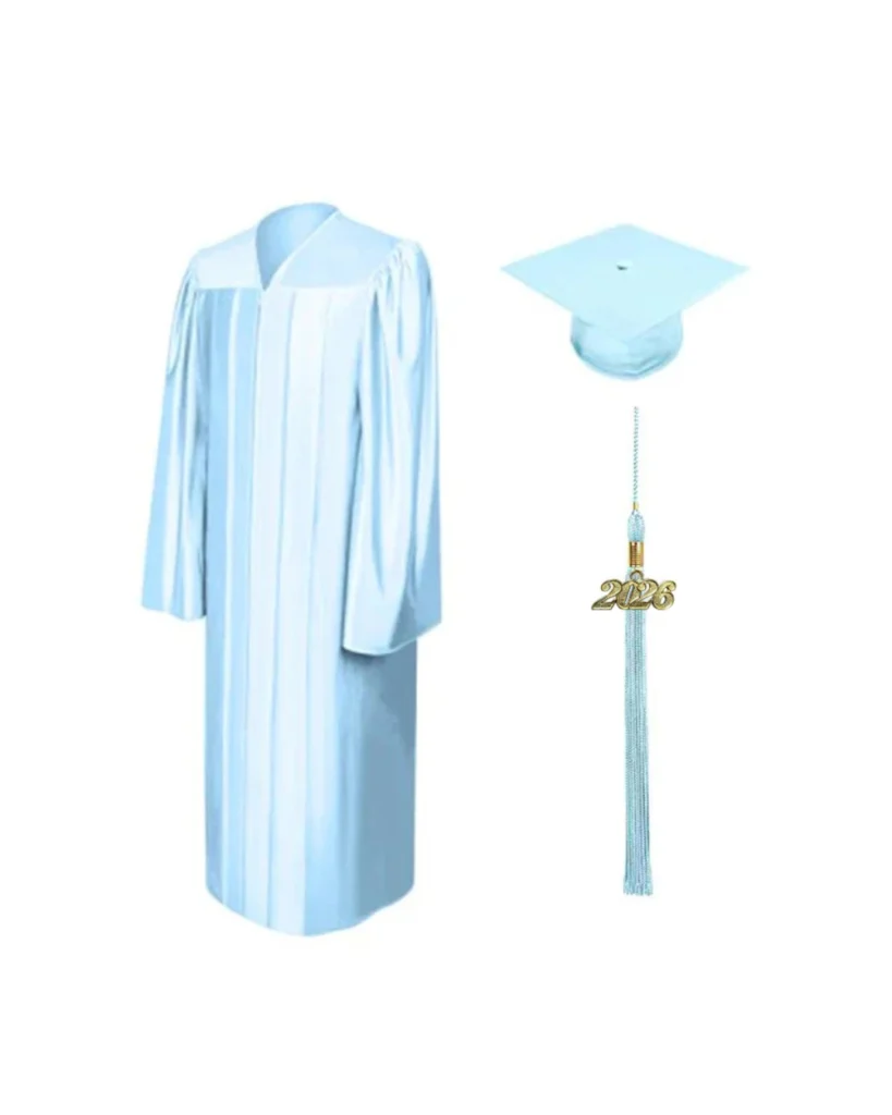 Shiny light blue graduation cap and gown for women at university graduation ceremony