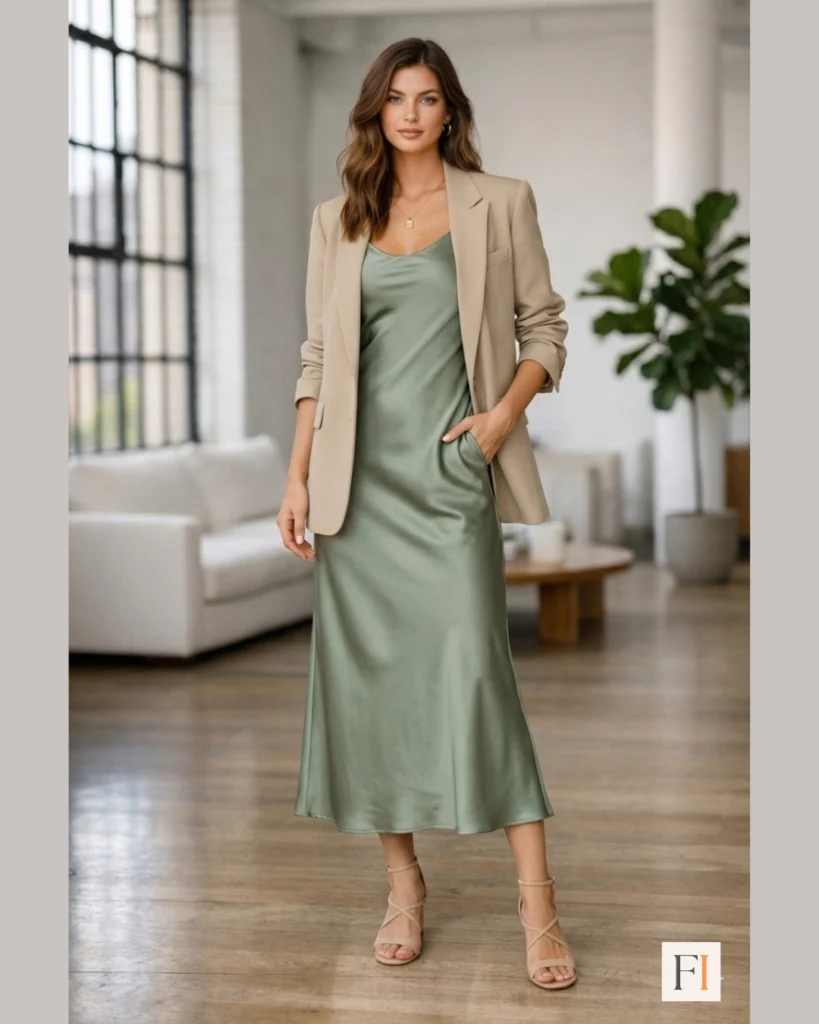 Satin slip dress layered with structured blazer stylish day to night spring outfit for women