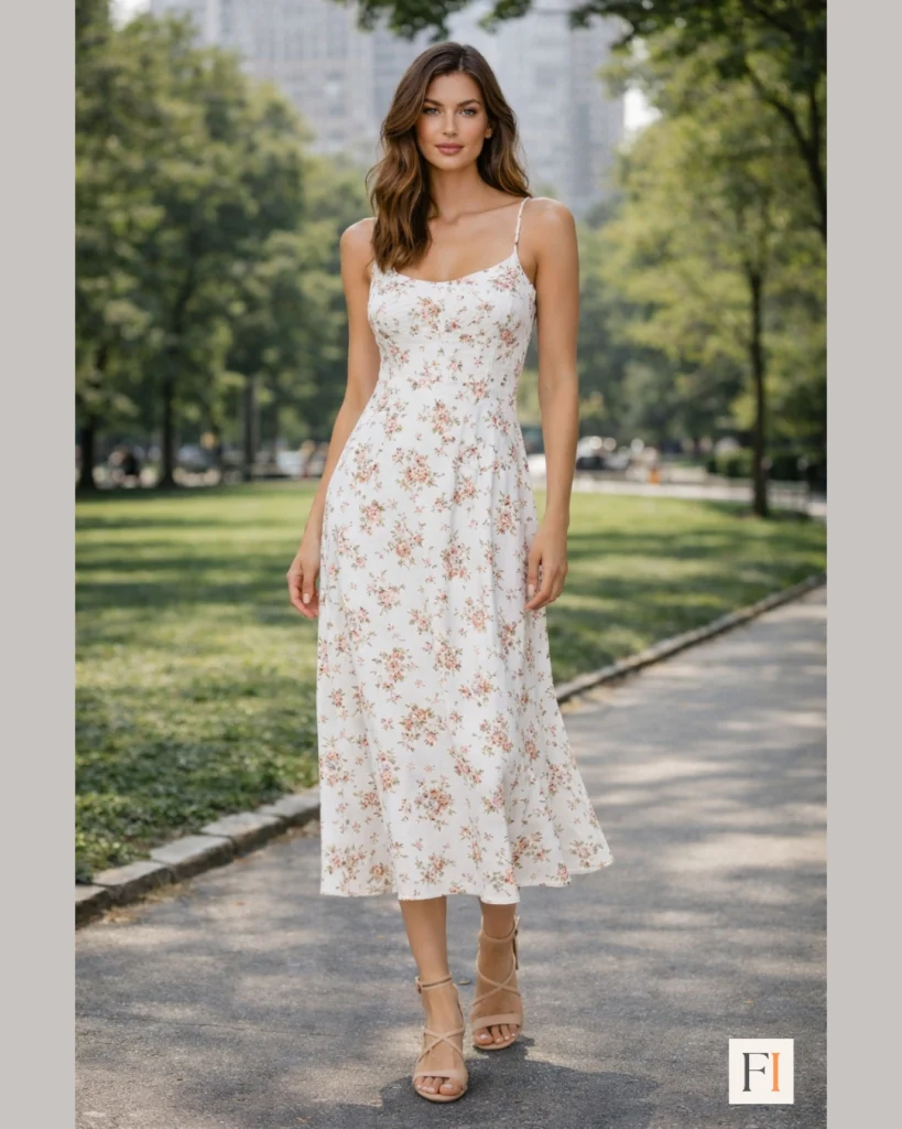 Pastel floral midi dress with strappy sandals, elegant spring outfit idea for women 2026