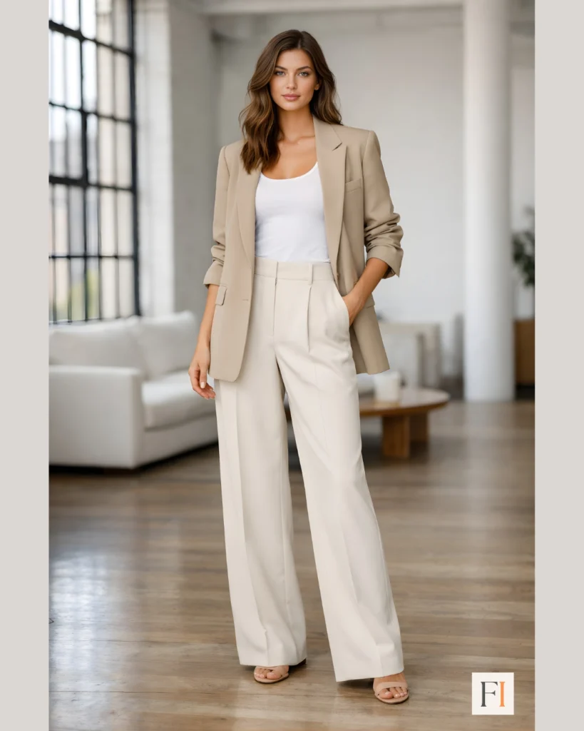 Woman wearing oversized blazer with tank top and wide-leg trousers, chic spring outfit idea for women 2026