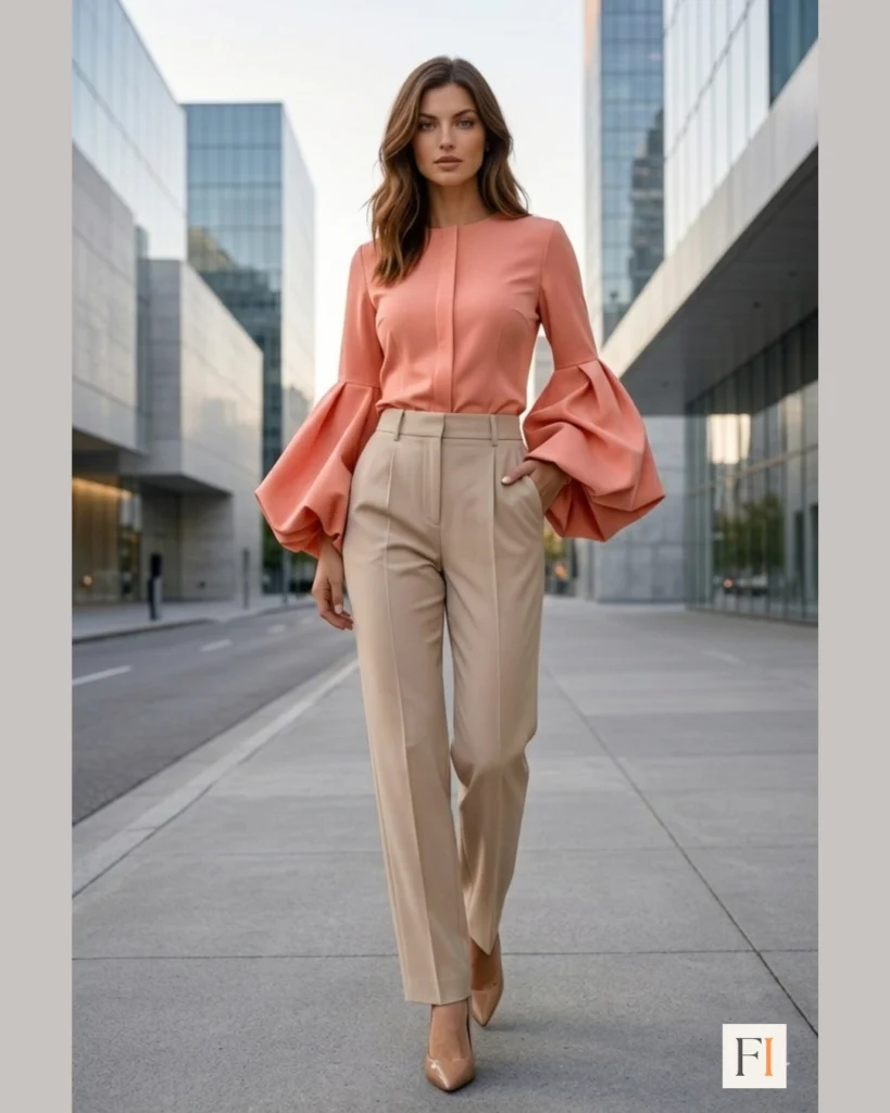 Dramatic sleeve blouse paired with beige trousers modern spring fashion outfit