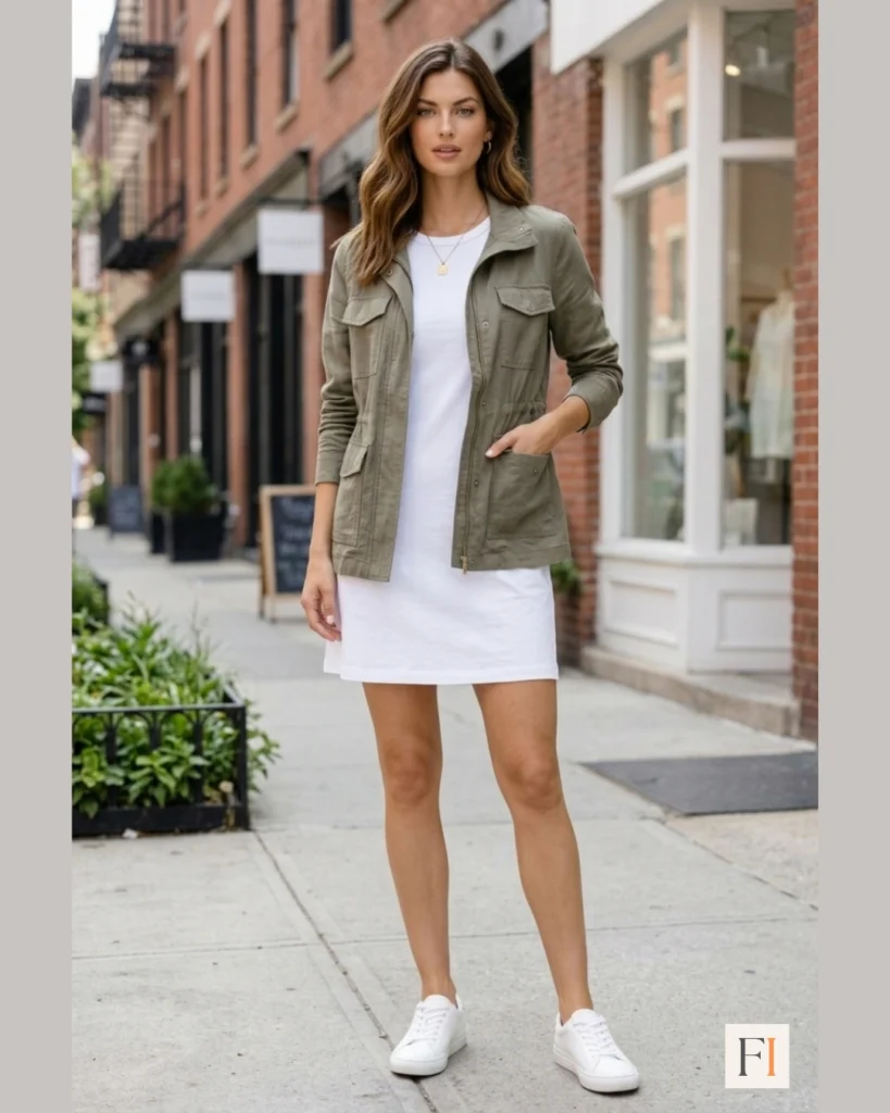 Olive utility jacket layered over white mini dress casual spring outfit for women