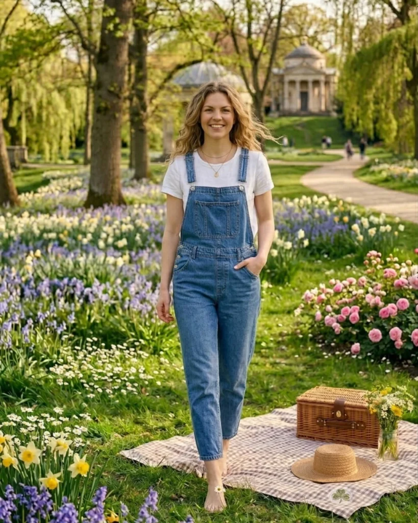 Casual denim overalls outfit idea showing what to wear for a spring picnic