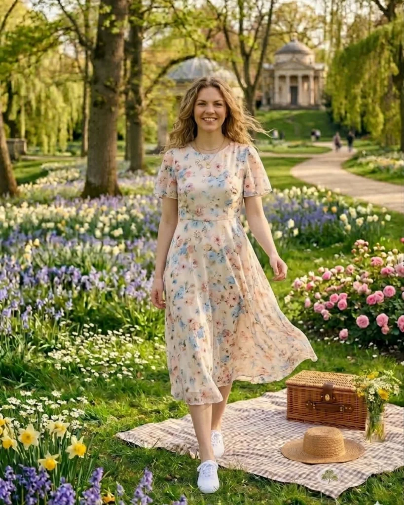 Light spring dress with sneakers outfit perfect for what to wear for a spring picnic