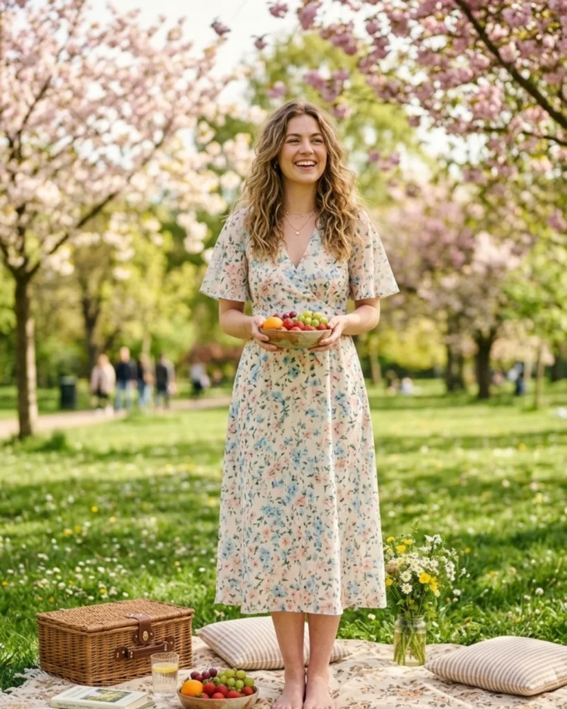 Woman wearing a floral dress picnic outfit showing what to wear for a spring picnic in a sunny park