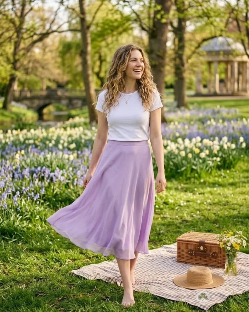 Soft pastel skirt outfit inspiration for anyone wondering what to wear for a spring picnic